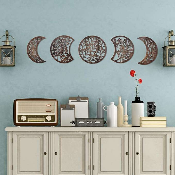 Jetec 5 Pcs Moon Phase Wall Art Decor Wall Pediments Hanging Wooden Phase Spiritual Bedroom Nordic Boho Lunar Aesthetic Art for Living Room Dorm Apartment Ornament(Dark Brown,15.75 Inch,Botanical)