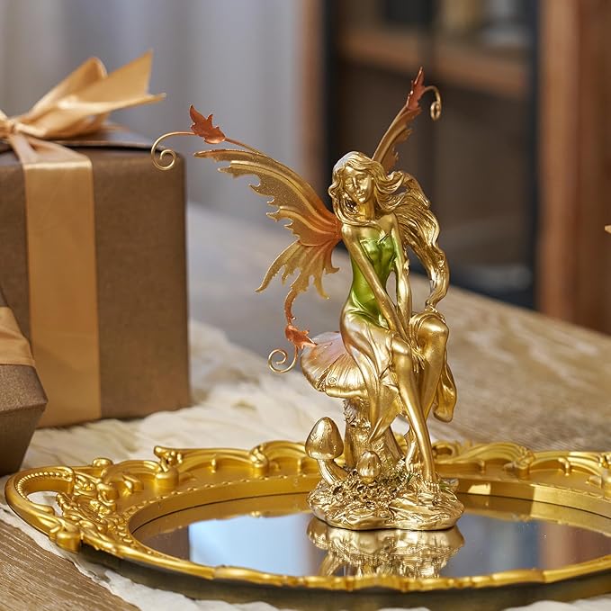 Resin Fairy Statue Elegant Fantasy Decor, Hand-Painted Angel Figurine Graceful Fairy Sculpture for Bookshelf, Mantel, Indoor Outdoor Decor, Thoughtful Gift for Women, Girls (Sitting)