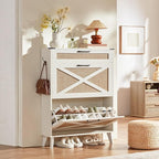 LEYAOYAO Shoe Storage Cabinet for Entryway with 2 Rattan Flip Drawers, Boho Narrow Shoe Cabinets for 16-20 Pairs Shoes with Large Drawers, Hidden Slim Shoe Rack with Wood Legs for Hallway, Off White