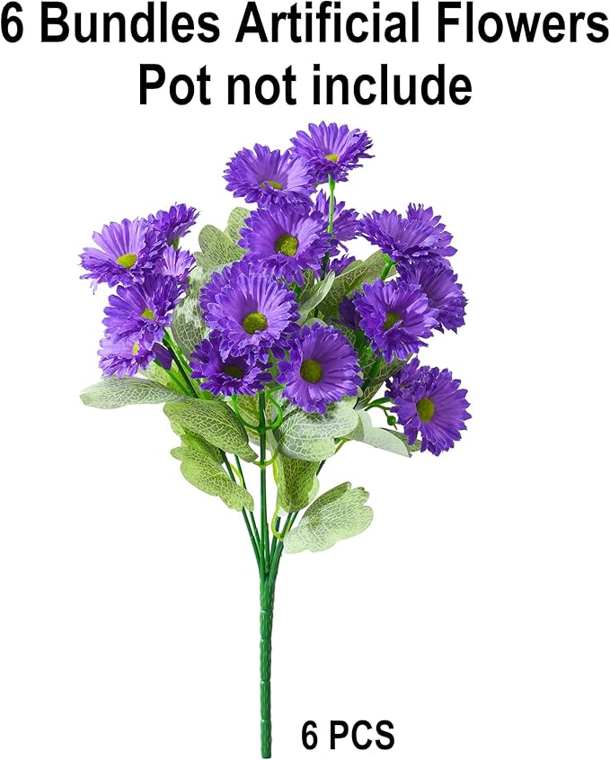 HyeFlora Artificial Fake Flowers for Outdoors Spring Summer Decor, 6 Bundles Faux Daisy Plants Silk Flowers for Outside Realistic UV Resistant for Outdoor Planter Porch Patio Balcony Yard Home, Purple