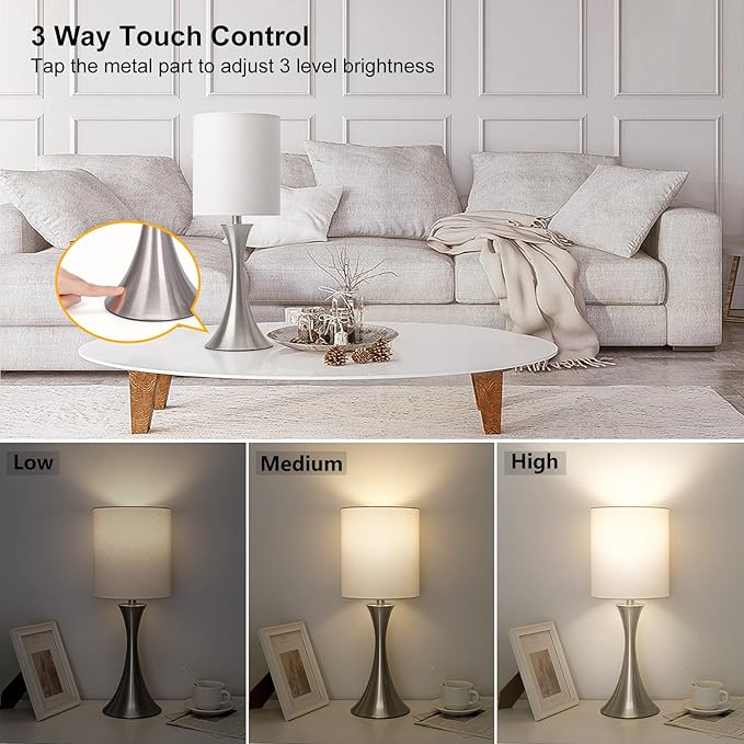 Touch Control Table Lamp, 3-Way Dimmable Bedside Lamp for Living Room, Modern Nightstand Lamp for Bedroom, Silver Table Lamp with White Shade, Desk Lamp for Dorm, Home, Office, 3000K LED Bulb Included