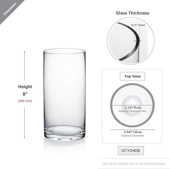 WGVI Quality Thick Weighted Clear Cylinder Glass Vases, 4" W x 8" H, Flower Arrangement Floating Candle Holders Wedding Centerpieces Terrarium Planter Floral Storage Container, Bulk Wholesale, 12 Pcs