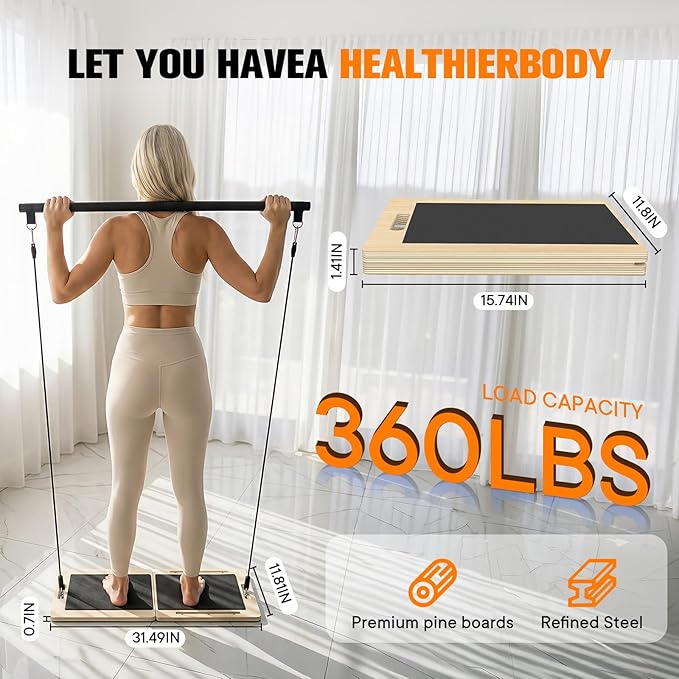Versatile Wooden Slant Board, Convertible to Balance & Pilates Board, Adjustable Angles, Includes Full Pilates Kit, Supports Up to 360lbs, Calf Stretch, Squats, Knee, Ankle, Heel & Leg Training