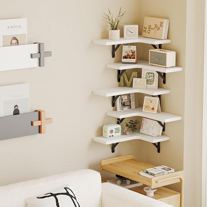 Fixwal Floating Shelves for Wall Set of 5, Rustic Wood Wall Mounted Corner Shelf for Bathroom, Kitchen, Bedroom, Home Decor, Laundry Room, Living Room (White)