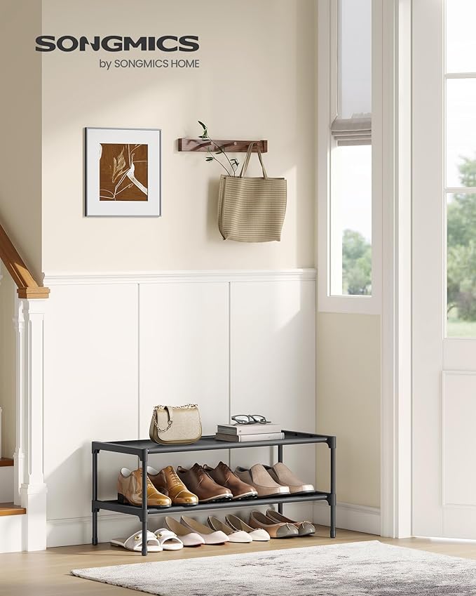 SONGMICS Shoe Rack, 2-Tier Shoe Storage Organizer, Space-Saving, 11.7 x 24.5 x 12.2 Inches, Entryway, Metal Frame, Non-Woven Fabric Shelves, Ink Black ULSH022BH01