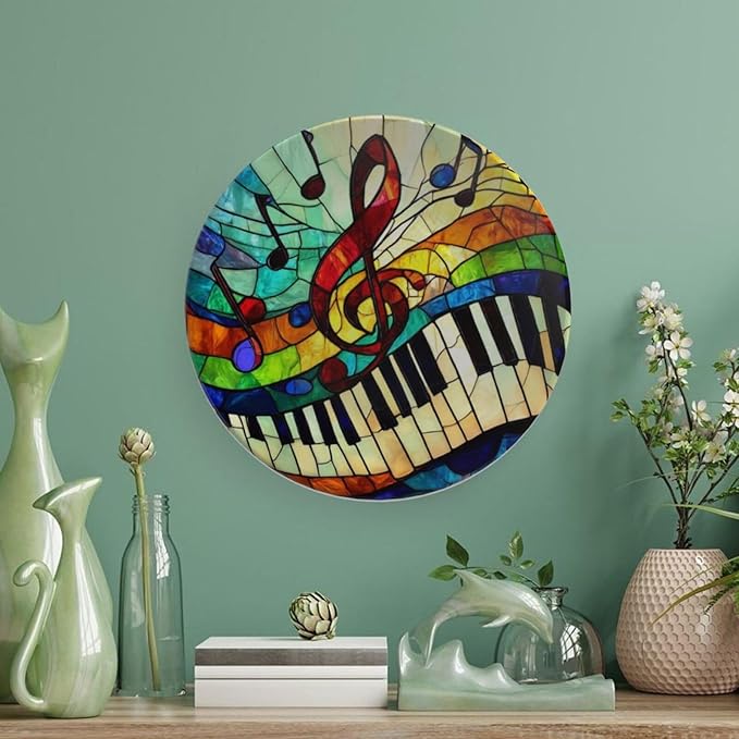 Musical Notes Theme Decorative Ceramic Plate Round Porcelain Plate,10 inch,Musical Rainbow Stained Glass Pattern,for Decorative Ornaments Giving Plates,1 Plate with 1 Display Stand,Red Blue