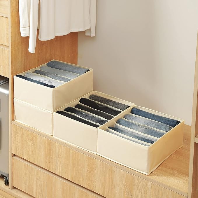 Qozary Jeans Pants Organizer for Closet, 4 Pack Drawer Organizers for Clothing, 5 Grids Wardrobe Clothes Organizer, Jean Organizer for Closet, Deep Drawer, Clothes Organizer for Shirts, Legging