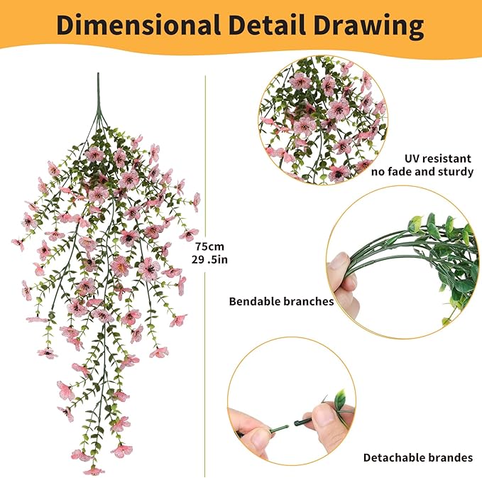 Artificial Hanging Flowers for Outdoors, 8 Pcs Fake Plant for Spring Summer Decoration, UV Resistant Realistic Silk Faux Flowers Outside Indoor Planter Porch Patio Balcony Yard Decor