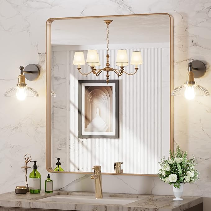 LOAAO 30”X36” Gold Bathroom Mirror, Rounded Rectangle Gold Frame Mirror, Brushed Gold Bathroom Vanity Mirror Wall-Mounted, Anti-Rust, Tempered Glass, Hangs Horizontally or Vertically