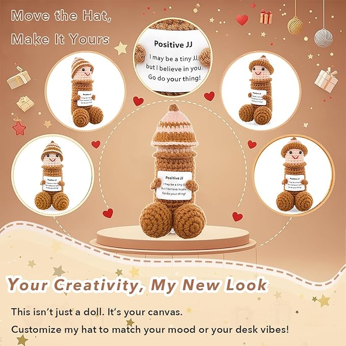 Funny Positive Crochet Animals Gag Doll Emotional Support Stuffed plushies for Adult Men Women,Weird Things Motivational White Elephant Christmas Gift(Brown JJ with Hat)