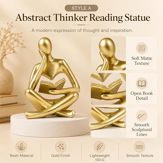 Gold Accent Bookshelf Decor Thinker Statue, Abstract Reading Figurine Style A, Resin Decorative Bookend for Coffee Table, Shelf, Office, Library