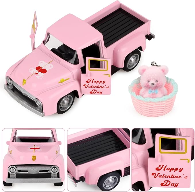 Hxezoc Pink Truck Decor Vintage Metal Truck with Pink Flower Basket Ornament Valentine's Day Farmhouse Tabletop Mantle Decoration for Home Kitchen Office Valentine's Day Theme Party Supplies