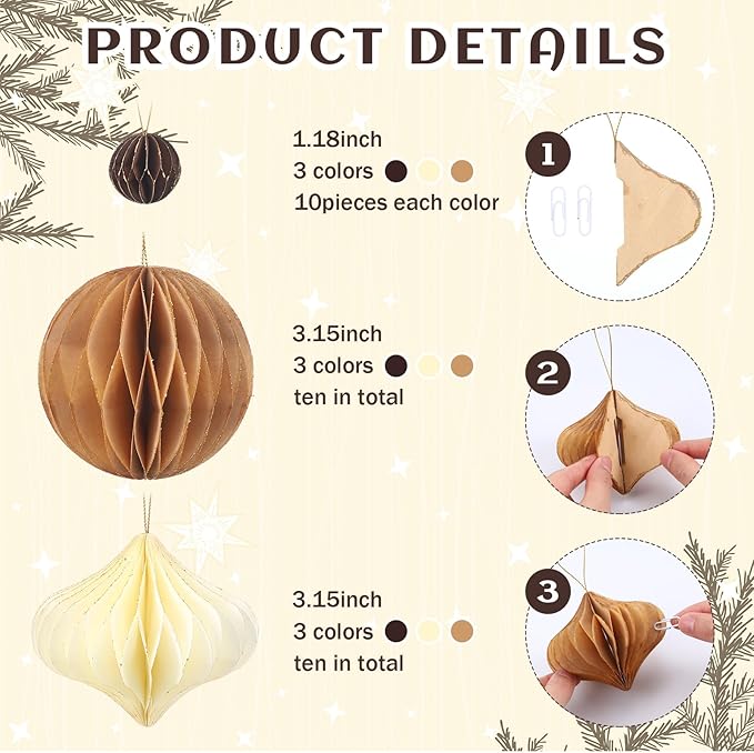TecUnite 50 Pcs Christmas Paper Honeycomb Ornaments for Tree Vintage 3D Mini Glitter Edge Paper Christmas Ornament Honeycomb Tree Hanging Neutral Boho Holiday Xmas Party Decoration(Brown)