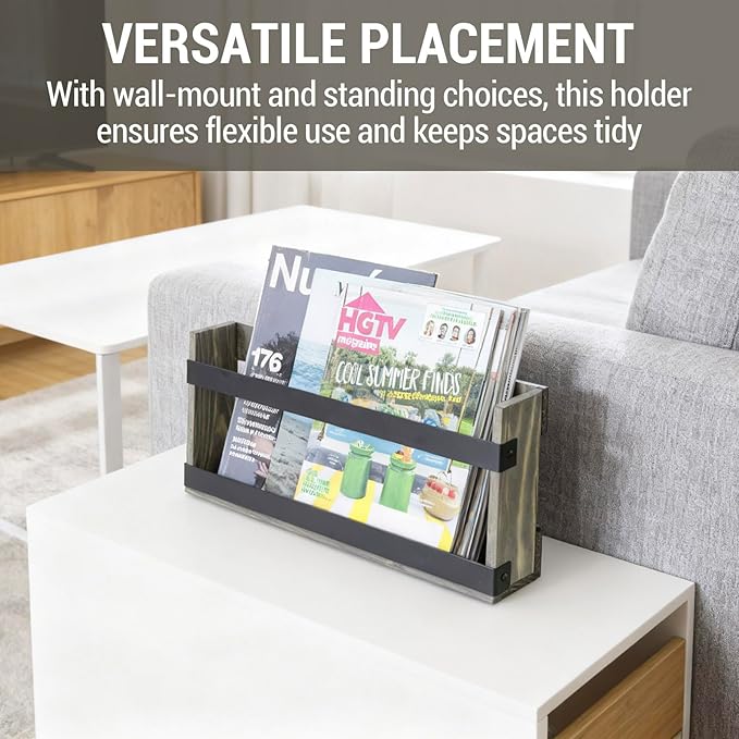 MyGift Vintage Gray Solid Wood and Industrial Matte Black Metal Magazine Rack, Wall-Mount or Freestanding Double Wide Book and Magazine Holder Organizer