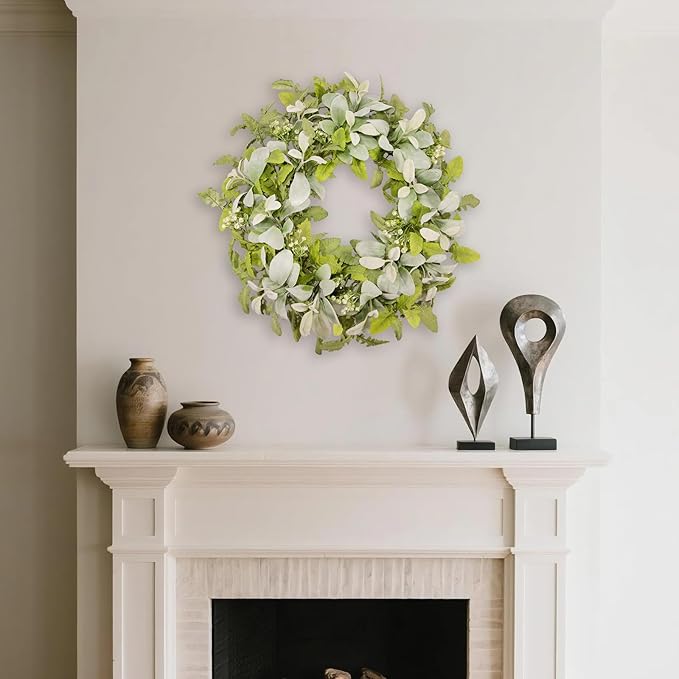 Green Year Round Wreaths 22 Inch Fabric Leaves Wreath with Lambs Ear Leaves & White Flowers, All Seasons Wreaths for Front Door Spring Summer Porch Wall Indoor Outdoor Farmhouse Decor