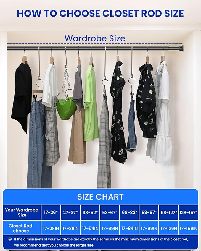 Closet Rods for Hanging Clothes, 17 to 54 Inches Stepless Adjustable Metal Closet Rod, 1.3 Inches Heavy Duty Clothes Hanging Rod for Closet Wardrobes Laundry RV, Black