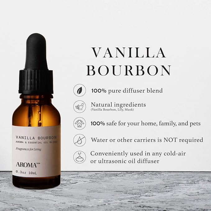 AromaTech Vanilla Bourbon Aroma Essential Oil Blend: Luxury Hotel Inspired Aromatherapy with Vanilla Bean, Bourbon & Oak Barrel for Ultrasonic Diffusers & Nebulizers (0.33 Fl Oz (Pack of 1))