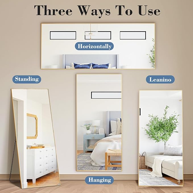 DUMOS 24"x65" Full Length Mirror with Stand, Floor Standing Aluminum Frame, Shatter-Proof Nano Glass for Bedroom, Living Room, Cloakroom – Modern Simple Home Decor,Can Be Hanging or Leaning, Gold