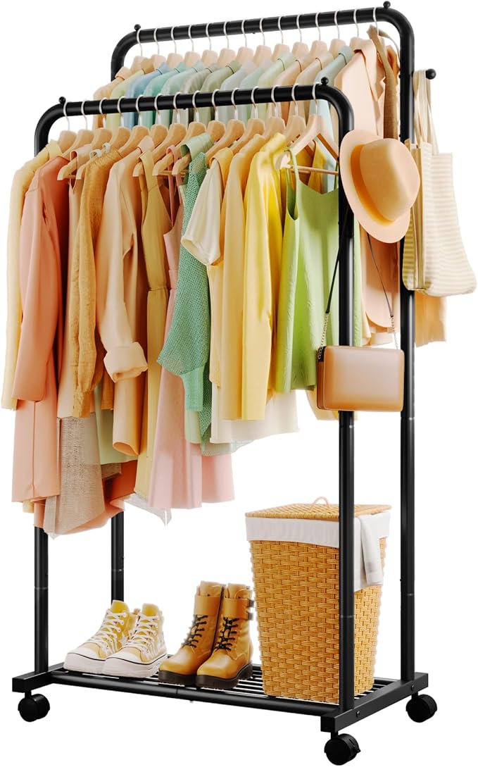 Clothes Rack - Double Rods Clothing Rack with Mesh Shelf, Hooks & Wheels, Metal Clothing Racks for Hanging Clothes & Bags, Multifunctional Garment Rack for Laundry, Black, 28.7" x 16.5" x 59.1"