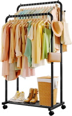 Clothes Rack - Double Rods Clothing Rack with Mesh Shelf, Hooks & Wheels, Metal Clothing Racks for Hanging Clothes & Bags, Multifunctional Garment Rack for Laundry, Black, 28.7" x 16.5" x 59.1"