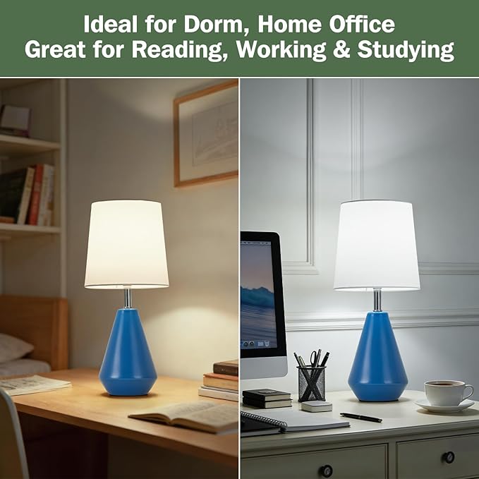 Small Bedside Table Lamp for Bedroom-Reading Desk Lamp Set of 2,with 3 Color Temperatures,15.5" Nightstand Ceramic Lamp with Fabric Shade for Kids Room,Living Room,Dorm,Home Office(Blue+White)