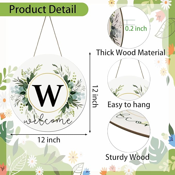 Monogram Letter W Wreaths for Front Door Wreath Wooden Welcome Sign for Front Door Decor Floral Family Last Name Initial House Warming Spring Summer Porch Rustic Wall Home Kitchen Boho Decorations