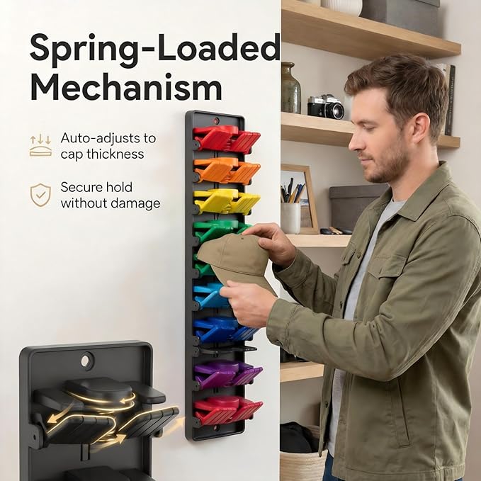 JBD Multicolor Hat Organizer for Baseball Caps, 2-Pack Wall Mounted Hat Rack Holds 20 Hats, Innovative Auto-Grip Clips Hat Holder for Closet Door & Bedroom, Damage-Free Room Decor Cap Storage