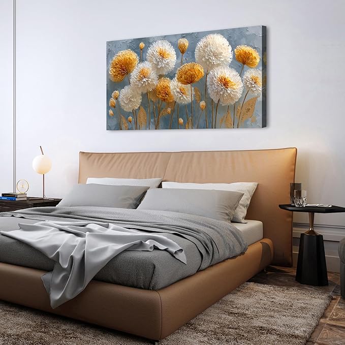 Abstract White Flower Wall Art Golden Floral Pictures Wall Decor Neutral Flowers Canvas Painting Boho Blossom Posters Print Nature Botanical Artwork Bedroom Living Room Home Decoration 29.53x57.87