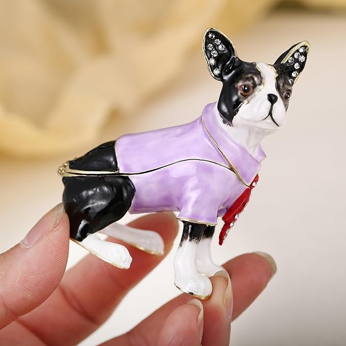 Hand Painted Trinket Box for Home Decor Accents, Enamel Hinged Jewelry Box for Bookshelf Office Table Desk Decoration, Classical Figurine Collectible Keepsake Animal Sculptures (Boston Terrier)