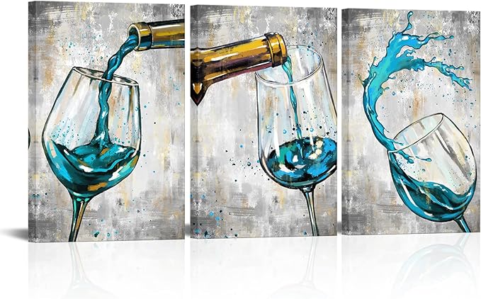 Conipit Teal Grey Wall Art Canvas For Kitchen Dining Room Wine Glass Pictures Artwork Still Life Paintings 16"x24"x3pcs Framed for Restaurant Ready to Hang