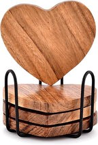 Samhita Acacia Wood Heart Shape Coaster Set of 4 with Iron Holder for Coffee Table Décor Housewarming Gift New Home Kitchen Décor
