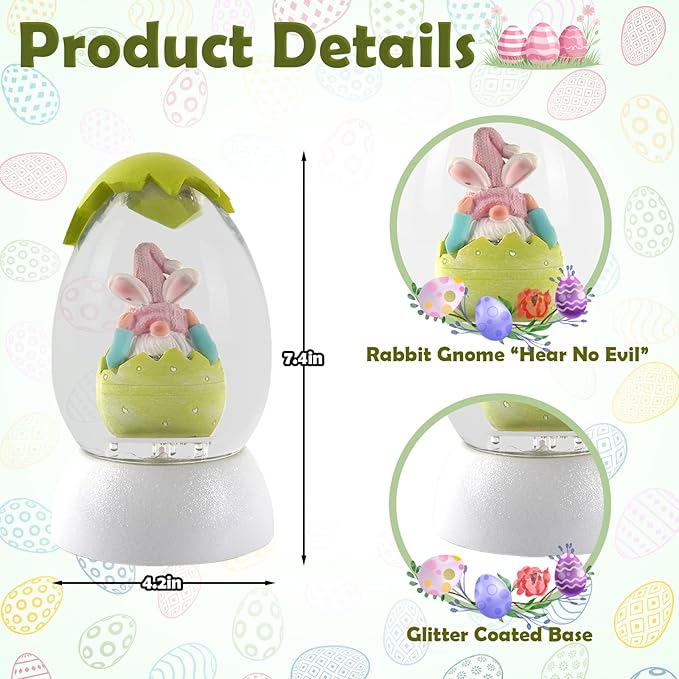 Gnome Easter Snow Globe, Easter Bunny Snow Globe Eggs Spring Decor with Swirling Glitter, 6H Timer, USB or Battery Powered, Hear No Evil Gnome Snowglobe for Tabletop Decor Gift 7.4 Inch (Green)
