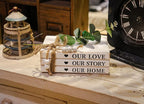 3 Pieces Wooden Decorative White Books, Rustic Farmhouse Faux Books for Coffee Table Shelves with Wood Bead Tassels and Leaves, 7'x 4.6'x 2.5' (Our Love, Our Story, Our Home)