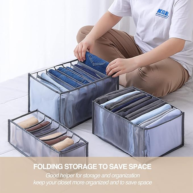 Wardrobe Clothes Organizer 7 Grids Portable Closet Organizer Mesh Separation Storage Box Foldable Closet Drawer Organizer for Underwear Socks Scarves Leggings (Grey, 4 Leggings Grid)