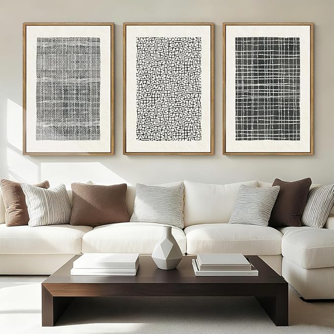 BINCUE Abstract Line Wall Art Set of 3 Modern Neutral Black Wall Decor Geometric Minimalist Artwork Framed Black Wall Pictures Abstract Black Wall Art Neutral Minimalist Artprints for Living Room Bedroom Office Bathroom 24"x36" Gift