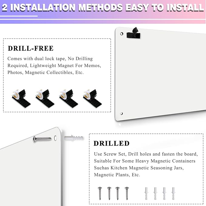 White 2Pack Magnetic Board,17.5" x 11.4" Magnet Bulletin Board to Display Magnetic Notes, Poetry, Photos, Suitable for Wall, Refrigerator, Cabinet etc, Come with 4 Pcs Dual Lock Tape and Screws