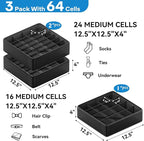 Fashion Leather Sock Underwear Drawer Organizer clothes, Closet Dividers，64 Cell (16+24+24) Foldable Leather Storage Box for Panties, Ties, Accessories（3 Pack）
