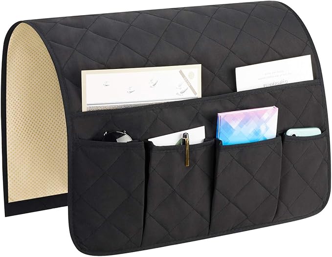 Teniux Remote Control Holder Non-Slip Couch Sofa Chair Armrest organizer with 5 Pockets Armchair Caddy For Smart Phone, Book, Magazines, Ipad (Widened-Black (19''))
