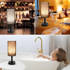 LALISU Small Table Lamp Nightstand Lamp Linen Lampshade Bedroom Wood Base Small Bedside Lamp for Night Stands, Desk Lamps for Reading Living Room, Office (LED Bulb Included) (Black and Cordless)