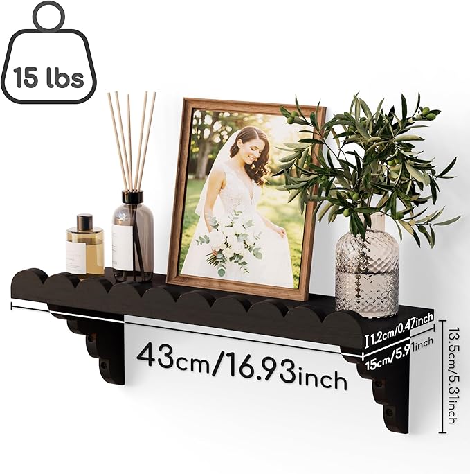 QsQueen Scalloped Wood Wall Shelf – 17 Inch Floating Shelf with Wood Brackets, Easy to Install Rustic Wall Shelf for Living Room, Bedroom, Bathroom, or Any Space, Black Shelves