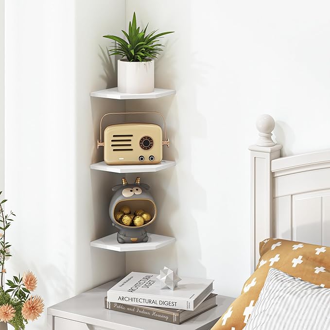 Fun Memories Corner Shelf Wall Mount, Floating Corner Shelves, Set of 6 Corner Wall Shelf Organizer, Rustic Wood Wall Storage Display Shelves for Living Room Bedroom Bathroom Kitchen, Rustic White