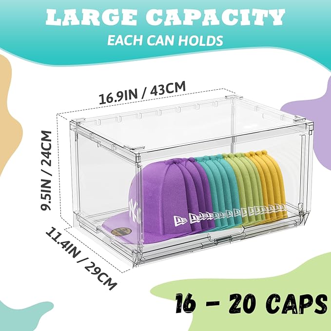 4 Pack Large Hat Organizer Box, Stackable Clear Baseball Caps Holder Box Containers with Sliding Door for Hats Snapback Cap Storag, Hat Rack Display Case, Holds 20 Hats Each -Clear