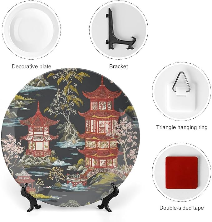 Chinoiserie Charcoal Coral Pagoda Asian Plates Ceramic, Personalized Handmade Decorative Plate for Kitchen Display Housewarming Gifts Decor, with 1 Display Stand Art Decorations for Household Table