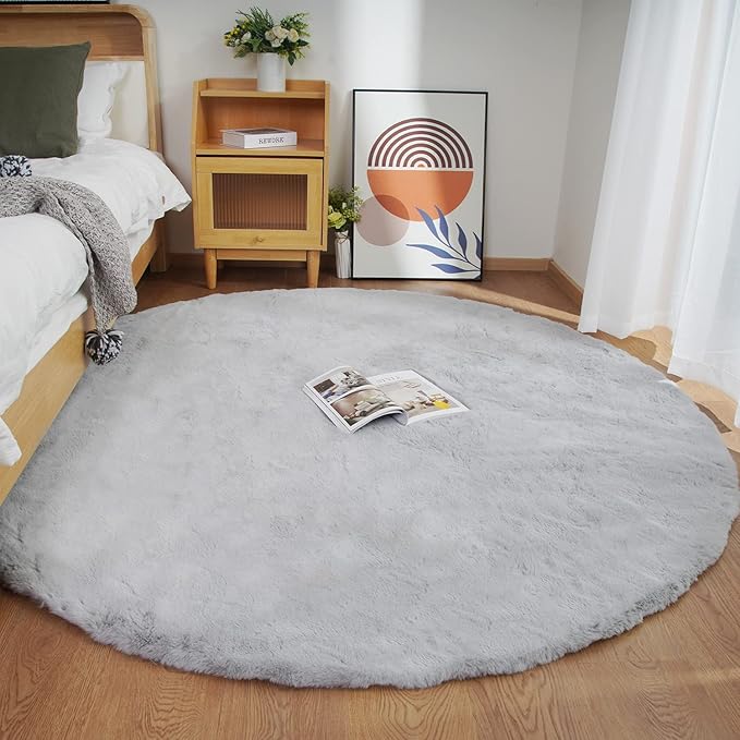 Ghouse Faux Rabbit Fur Round Rug 6ft Grey Round Rugs for Bedroom Decor Fluffy Area Rugs for Living Room, no-Shedding Carpet Sheepskin Washable Rug Rome Decor