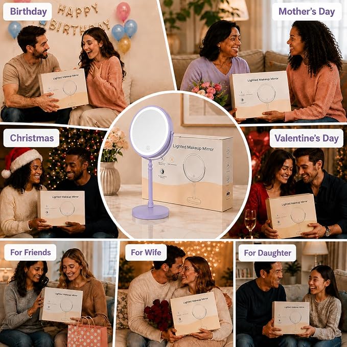 DEIOVWXS Makeup Mirror, 3000mAh Rechargeable Double-Sided Magnifying Vanity Mirror with 3 Colors, 1X/10X, Adjustable Brightness, Gift for Mom, Mothers Day, Women, Wife, Girls, Dorm Room Essential