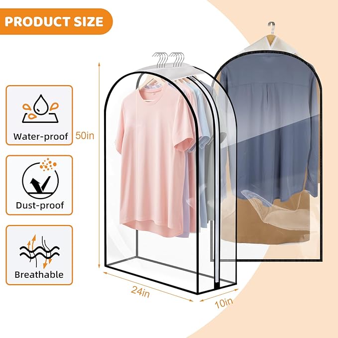 4 Pack Full Clear Garment Bags with Side Zipper, 50" Clothes Covers with 10" Gusset, Transparent Hanging Suit & Coat Covers for Closet Storage, Jackets, Dresses, Windbreakers