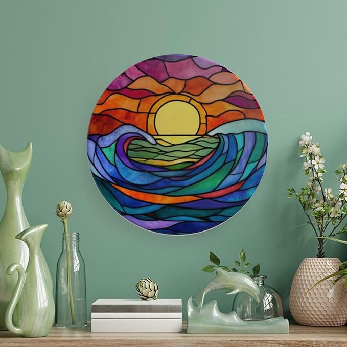 Waves Theme Decorative Ceramic Plate Round Porcelain Plate,6 inch,Sunrise Rainbow Glass Pattern,for Decorative Ornaments Giving Plates,1 Plate with 1 Display Stand,Blue Purple