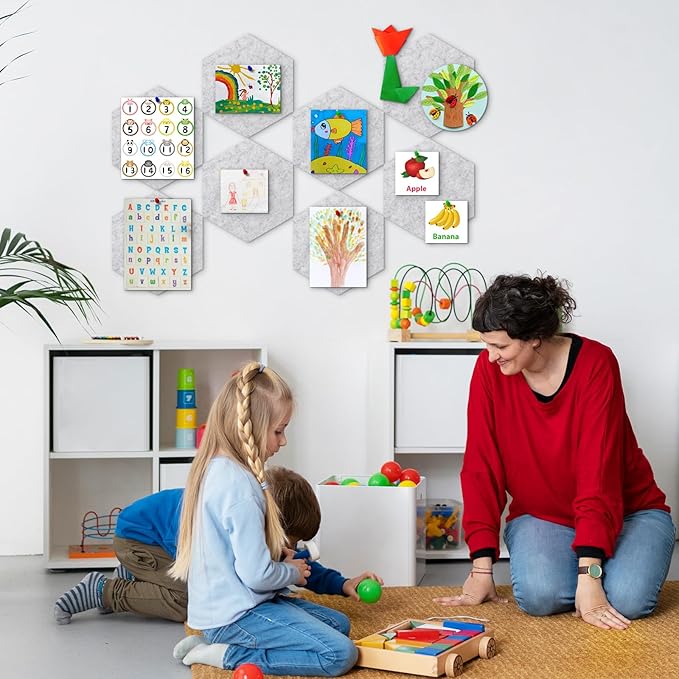 8-Pack Hexagon Felt Cork Board, 1/2" Thick Felt Bulletin Pinboard with 80 Push Pins, Adhesive Tabs, Geometric Cork Wall Tiles for Photos, Memos, Home & Office Decor (Light Grey)