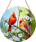 Harooni Spring Summer Cardinal Welcome Door Sign for Front Door Decor,Spring Pink Floral Round Wood Hanger Wreath for Outside Farmhouse Wooden Wreath for Porch Wall Hanging Sign Plaque Decor 12"x12"