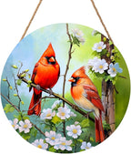 Harooni Spring Summer Cardinal Welcome Door Sign for Front Door Decor,Spring Pink Floral Round Wood Hanger Wreath for Outside Farmhouse Wooden Wreath for Porch Wall Hanging Sign Plaque Decor 12"x12"